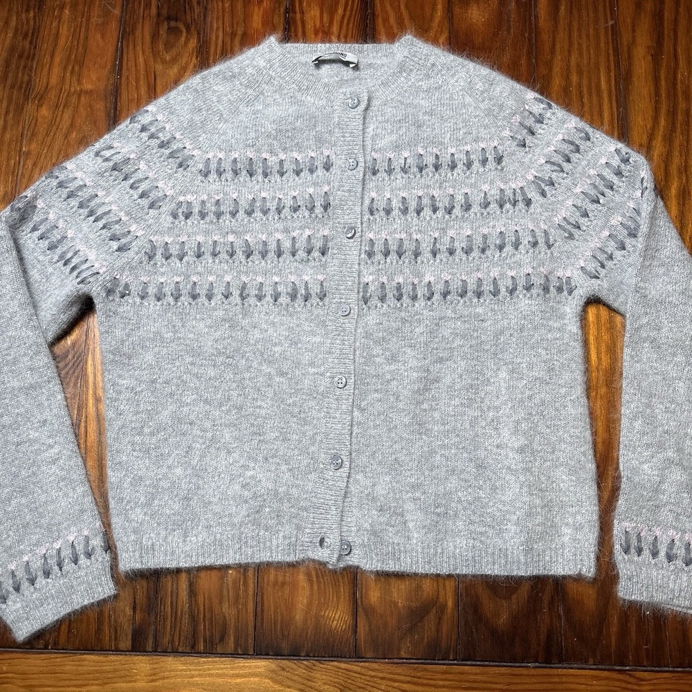 Moschino Cheap & Chic Gray Pink Tulip Flowers Wool Angora Cardigan Sz 10 A1407